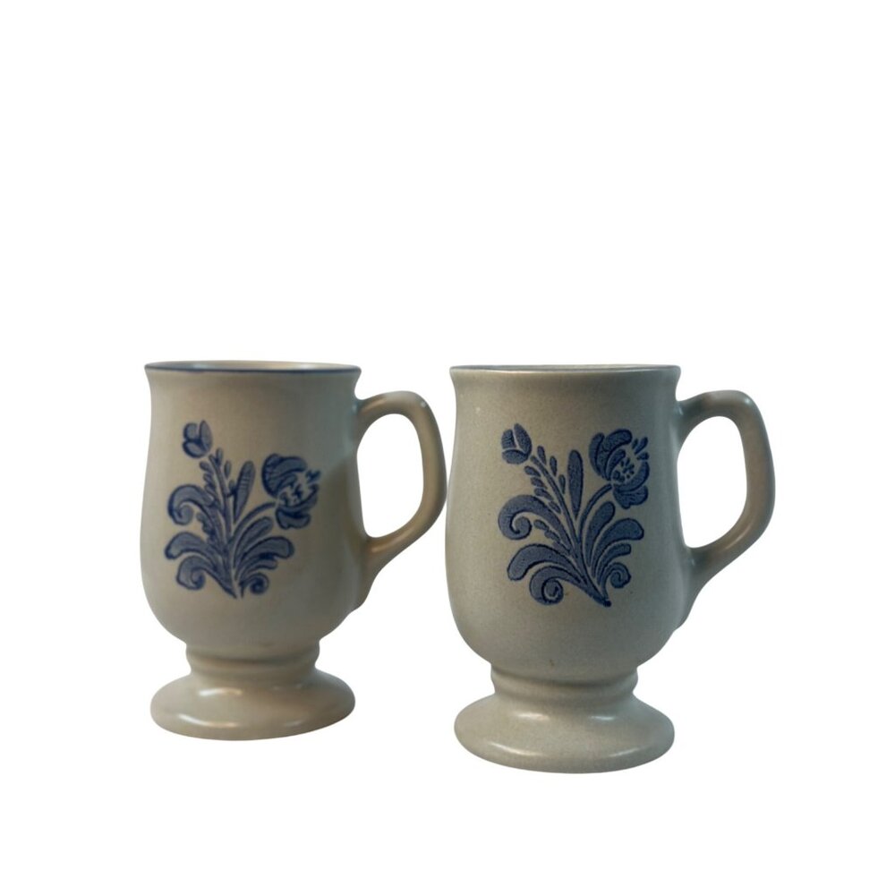 VTG Pfaltzgraff Yorketown Pedestal Mugs Set of 2 5" Gray Blue Floral Made in USA